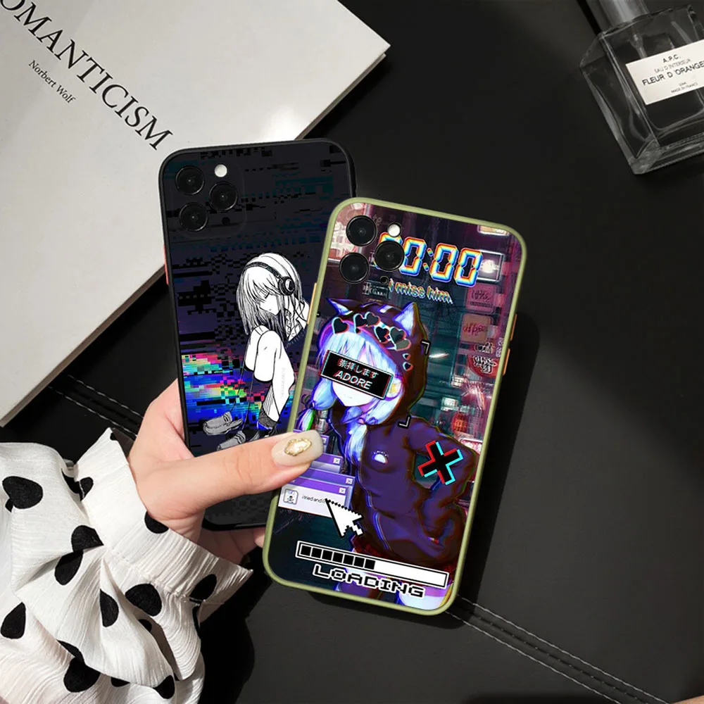 For iphone 15 8 7 14 Plus 13 12 11 Mini Pro SE XS Max X XR Anime Vaporwave Glitch Girl Art Frosted Translucent Black Phone Case