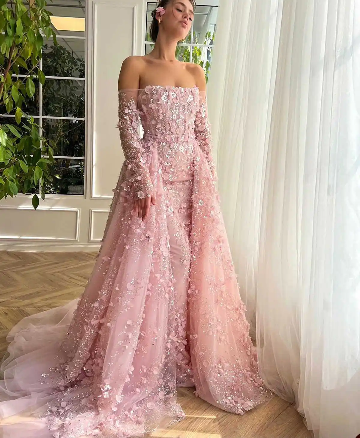 Pink Sheath Gown Wedding Dresses Appliques Flowers Pattern Lace Bridal Gowns Big Size Vestidos De Novia Custom Size Colour