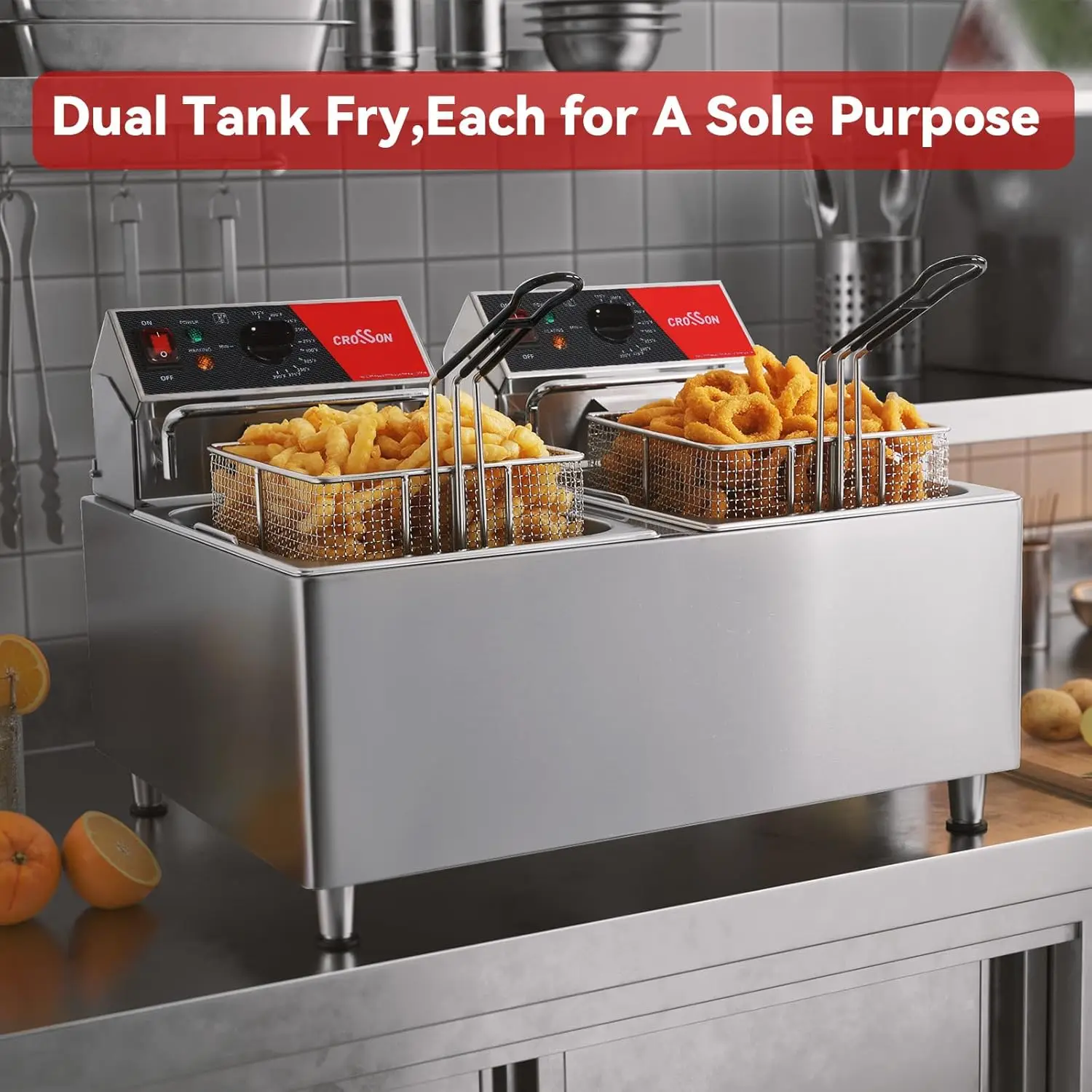 CROSSON ETL Listed 30Lbs Dual Tank Electric Commercial Deep Fryer with Solid Basket,Lid and Height Adjustable Legs for Restaur