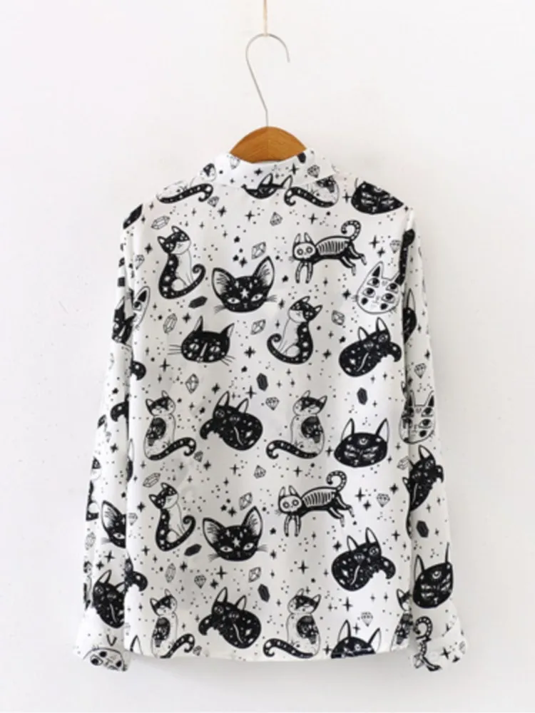 Spring Autumn Women\'s New Shirt Tops Cat Print Button Shirts Fashionable Loose Design Satin Casual Collar Long Sleeve Tops