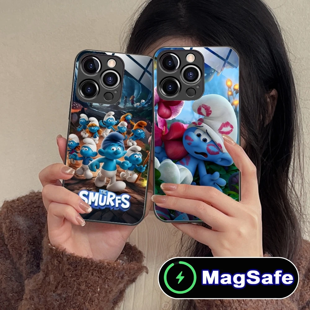 Smurfs Smurfette Smart Mobile Phone Case for iPhone 16 15 14 13 12 11 Pro Max Plus Mini MagSafe Wireless Charging Glass Cover