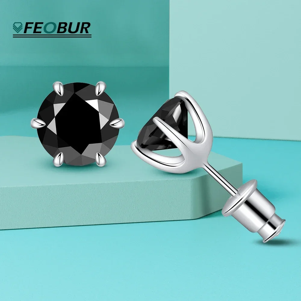 

FEOBUR 1-2Carat Black Moissanite Stud Earrings for Women Men Sparkling Black Diamond S925 Sterling Silver Ear Studs Jewelry Gift