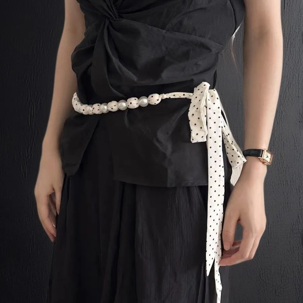 Boho Vintage Style Pearl Necklace Scarf Adjustable Hair Band Waist Chain Ribbon Sweet Polka Dots Scarf Beach