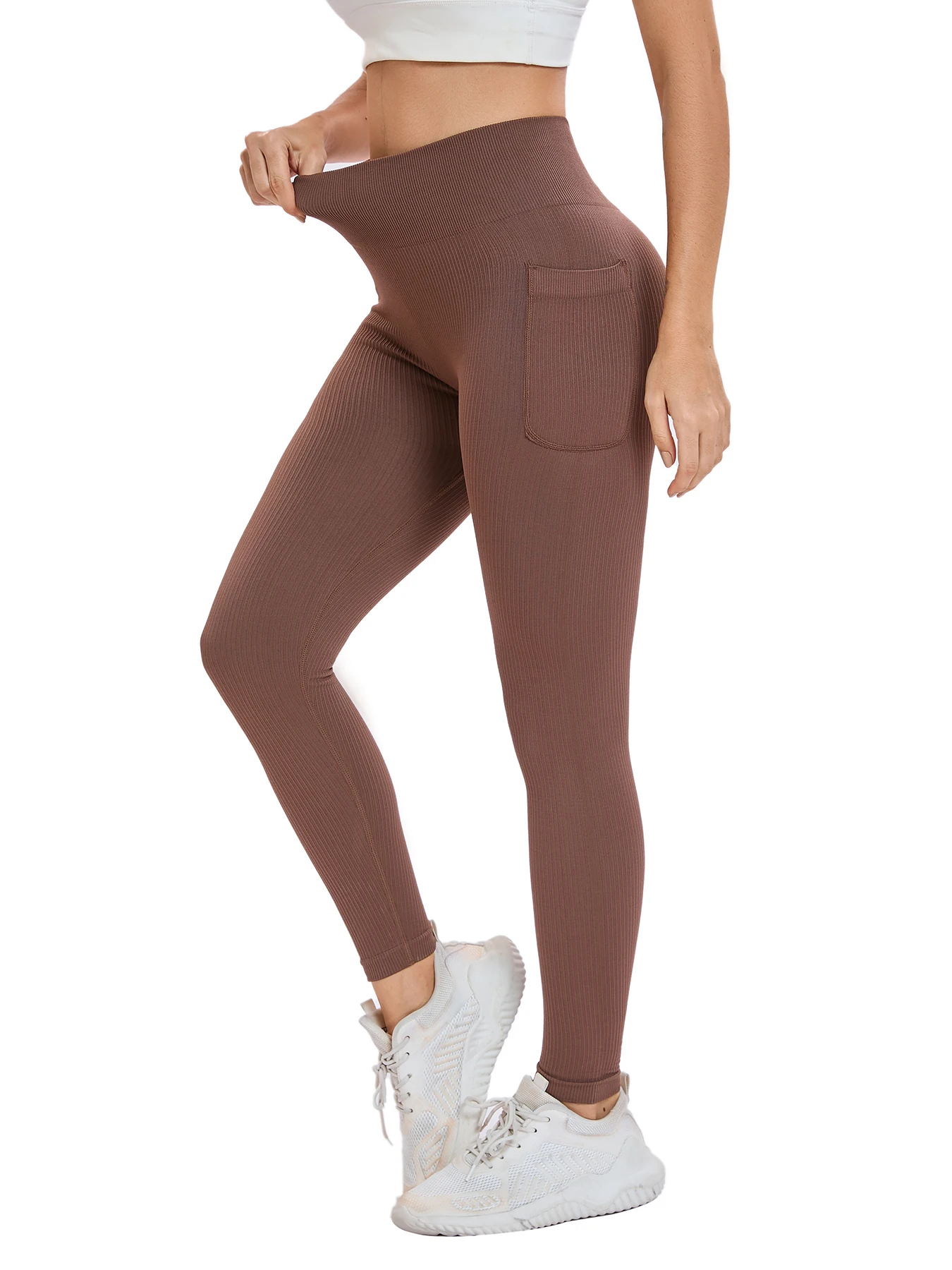 Women's solid color threaded sports leggings seamless cross-border yoga pants high-waisted fitness pants Yoga wear with pocket image 4