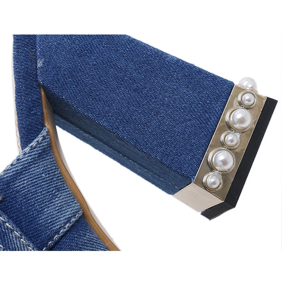 Fashion Pearl Thick Heel Women Shoes 2024 Open Toe Ladies Brand Casual Summer Denim Slippers Blue High Heels Dress Female Sandal