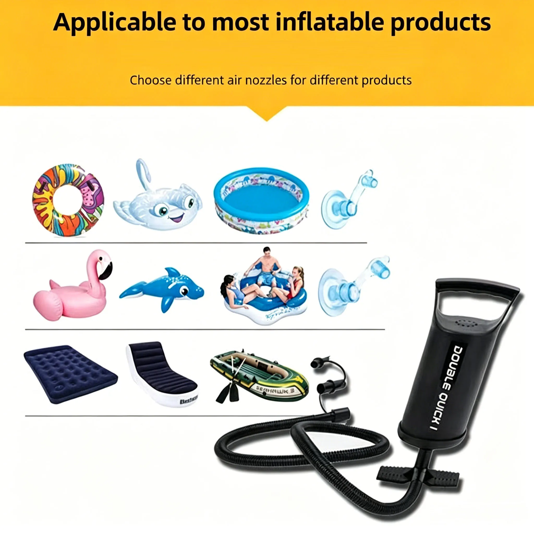 12 Inch Double Action Hand Air Pump Manual Inflate Deflate Pump with 3 Nozzles for SUP Board Inflatable Kayak Tent Air Mattress