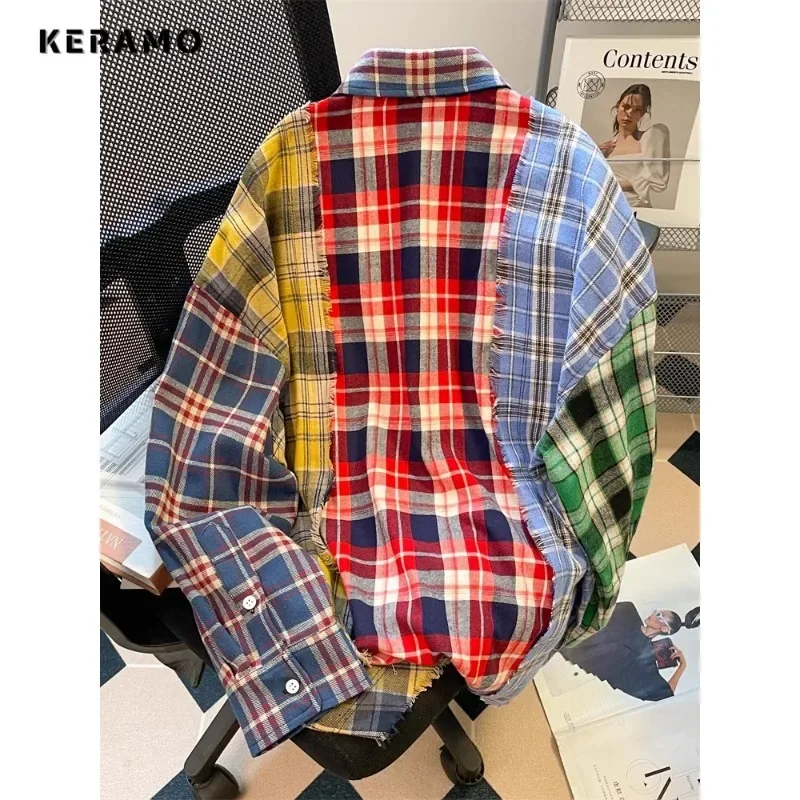 Retro Plaid Patchwork Turn-down Collar Loose Blouses 2025 Spring Women's Casual High Street Long Sleeve Baggy Shirts Top