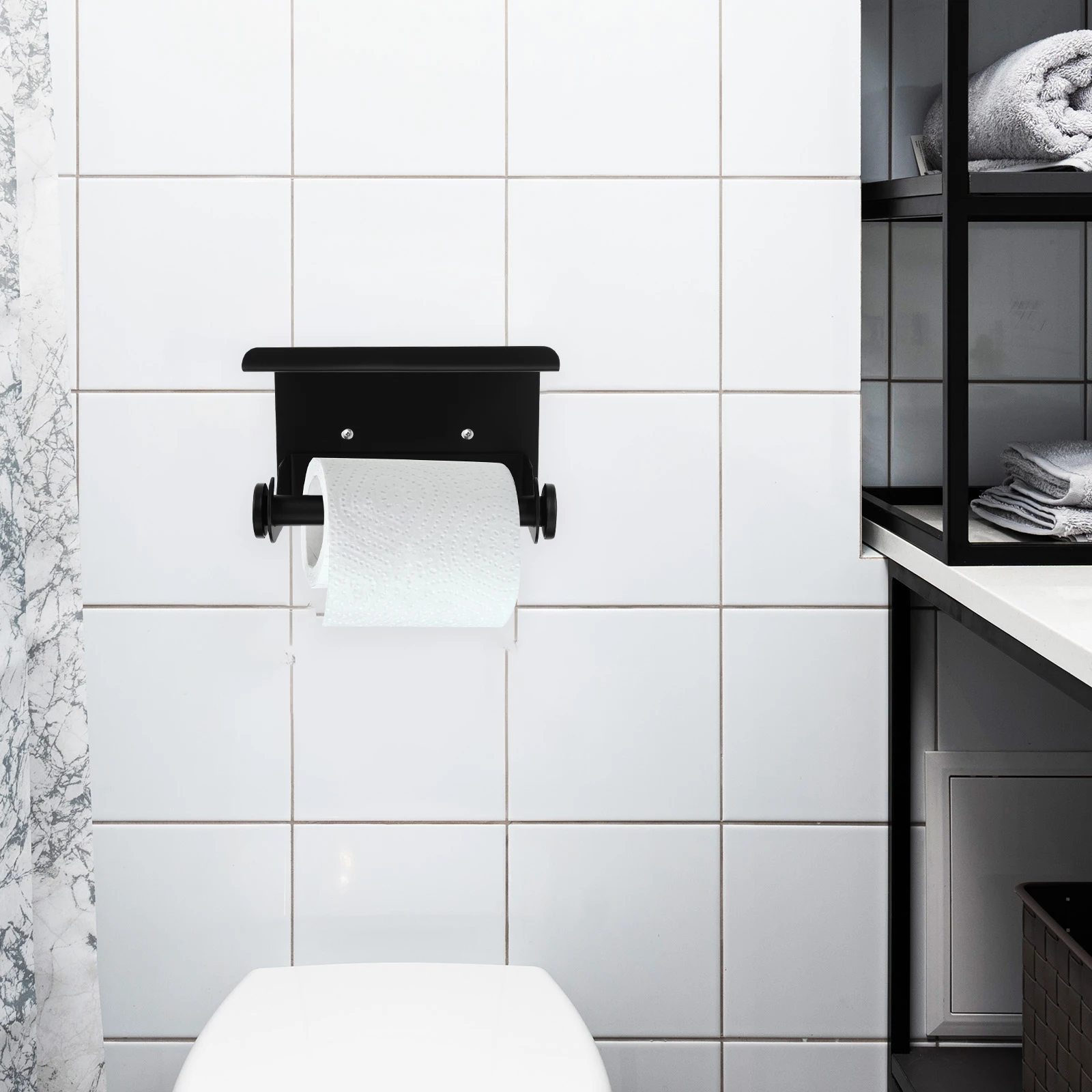 

Stainless Steel Toilet Paper Holder Shelf Wall Mounted Bathroom Storage Rack Black High Grade Anti Rust Durability