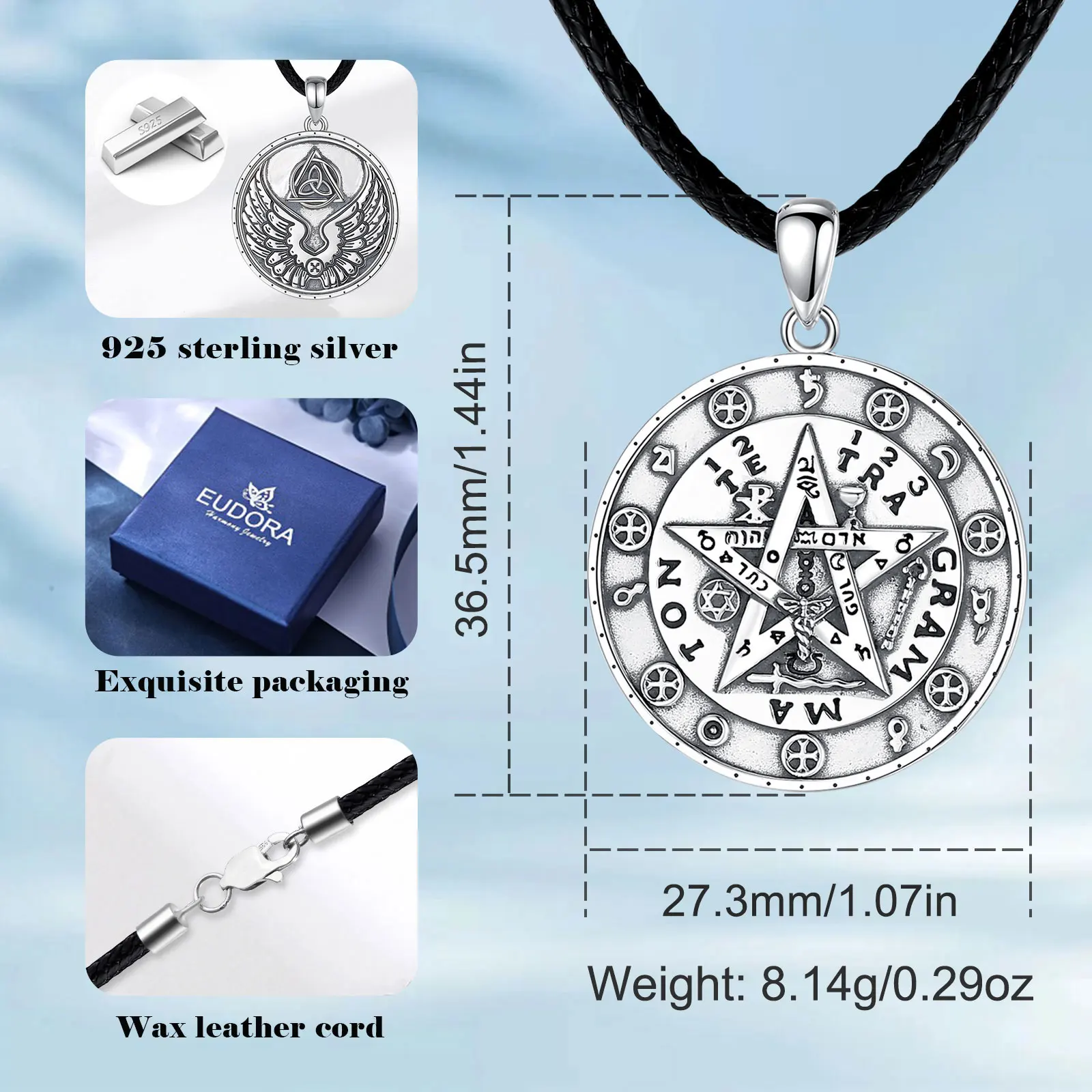 Eudora 925 Sterling Silver Pentagram Runes Necklaces for Women Man Vintage Amulet Star Tetragrammaton Pendant Personality Gift