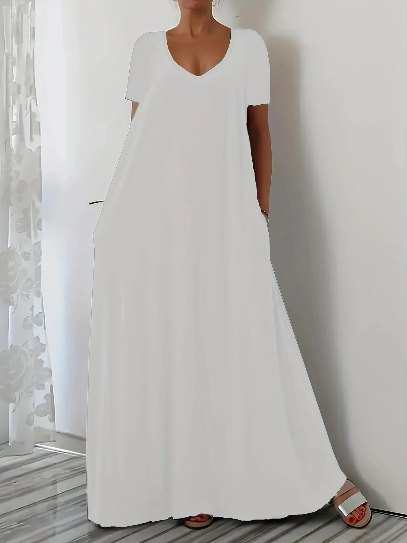 Sommerliches neues einfarbiges Kleid mit V-Ausschnitt, lockeres Kleid mit kurzen Ärmeln und langem Rock im lässigen, vielseitigen Stil – Detail 4