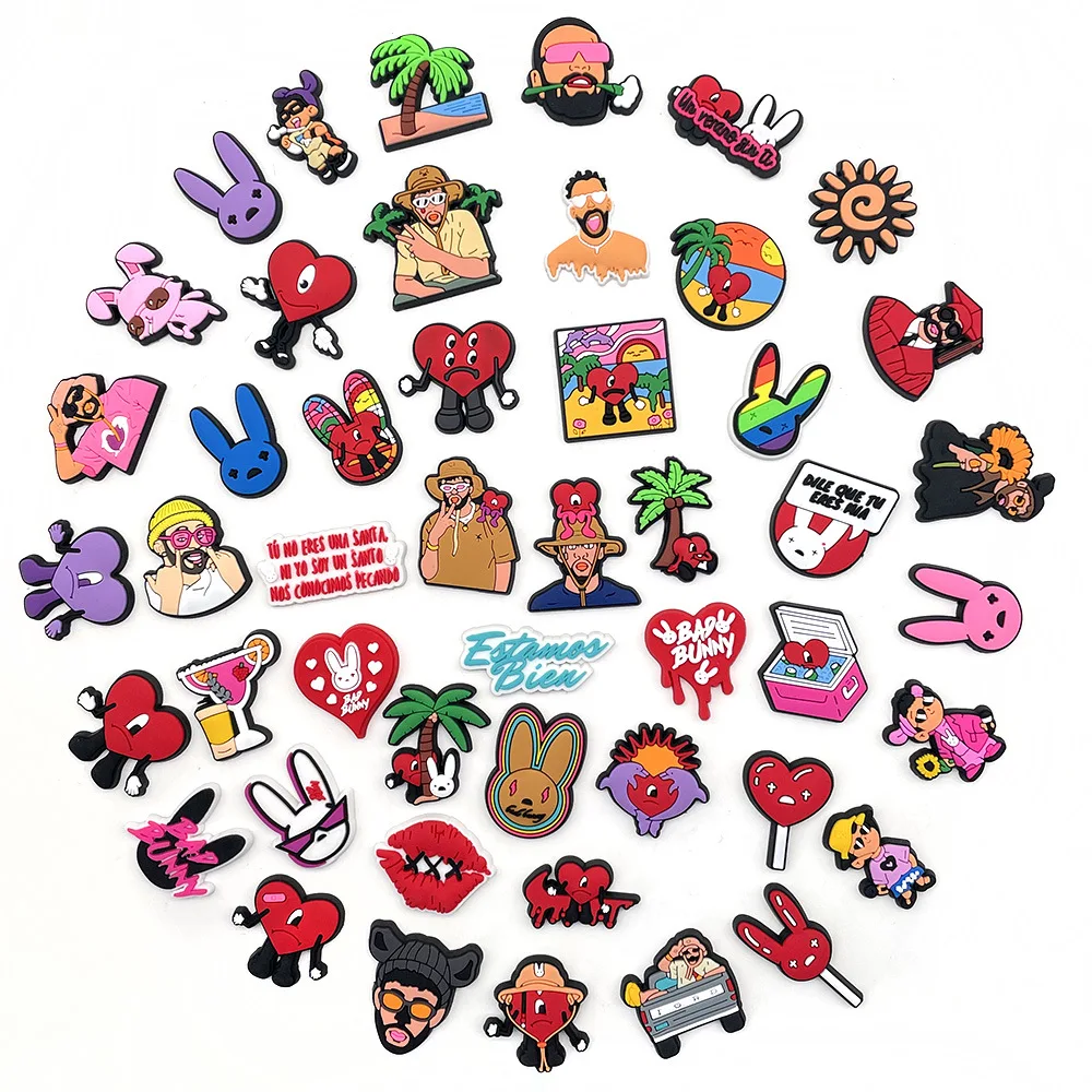 48Pcs/set Cartoon Bad Bunny Shoe Charms DIY Hole Shoes Detachable Buckle Garden Shoes Accessories Girls Women Festival Gift