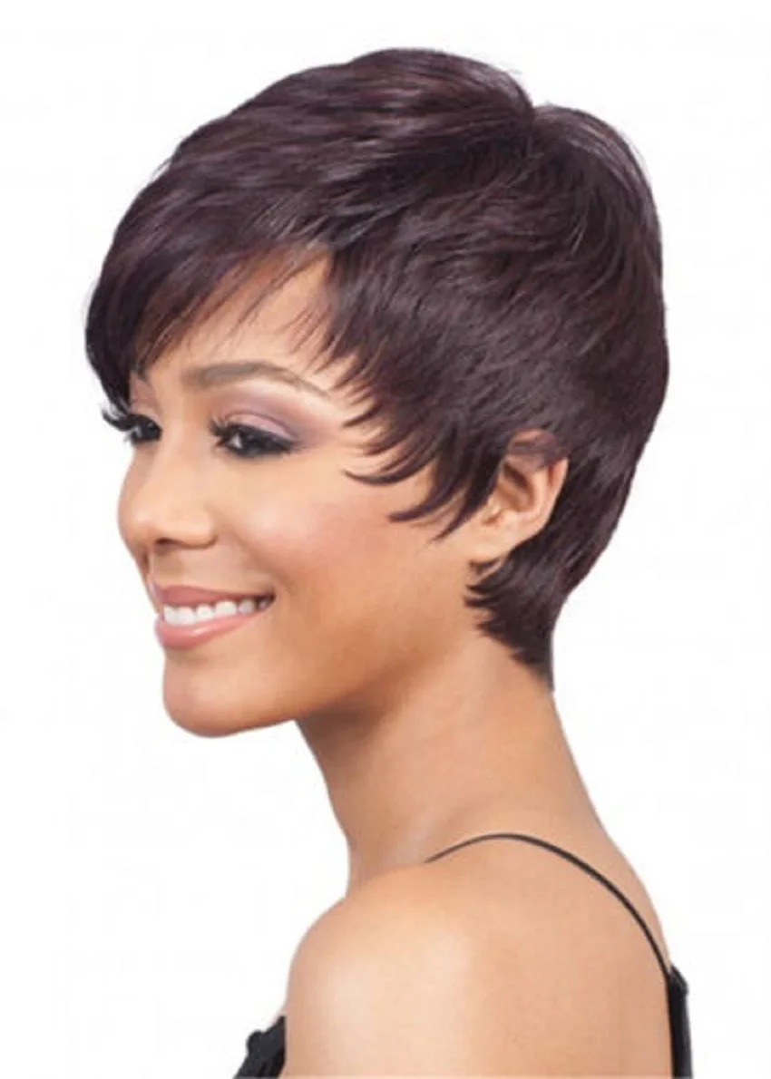 

100% Human Hair African American Short Pixie Layered Straight Wig For Women