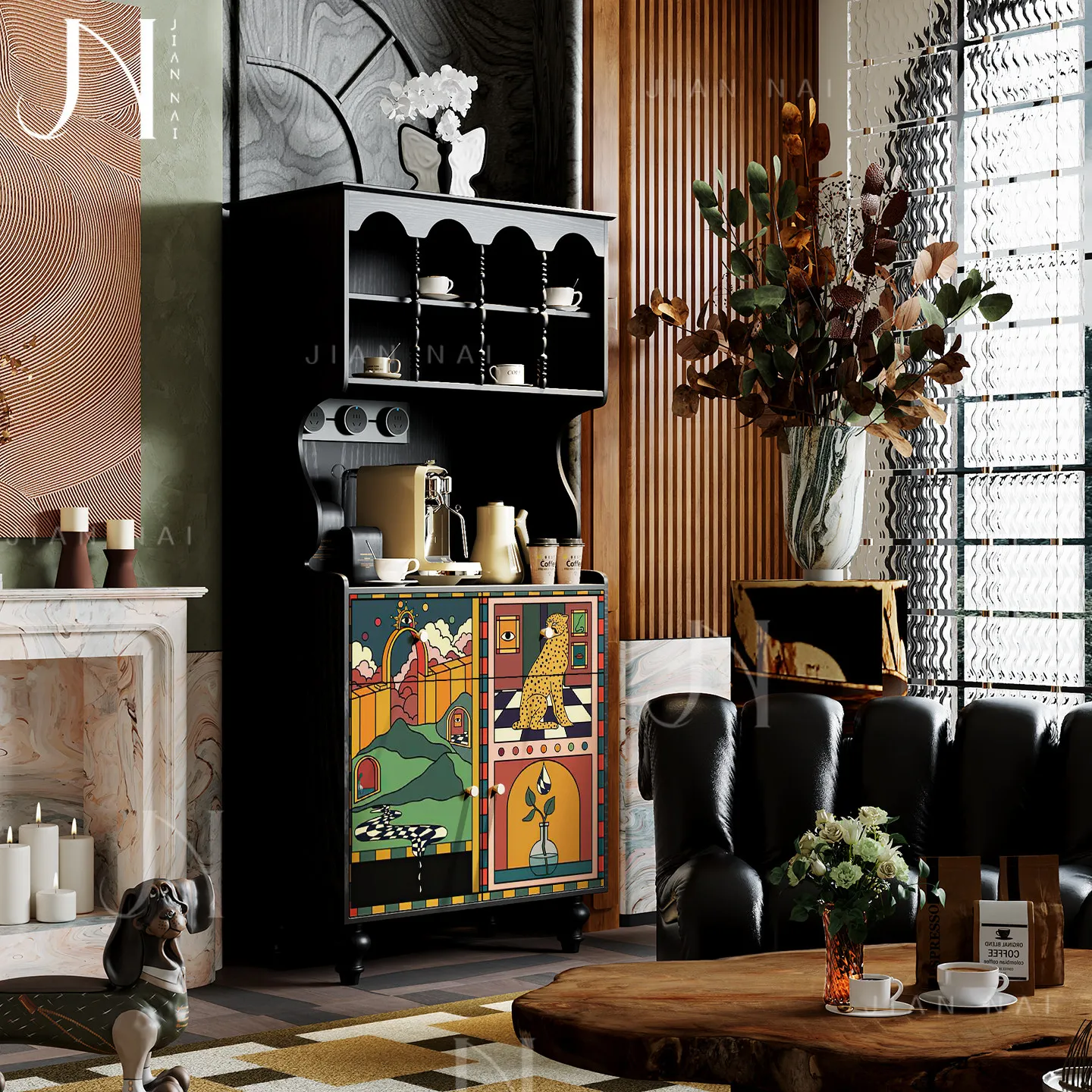 Cream Style Solid Wood Wine Cabinet Leopard Print Storage Sideboard Living Room Coffee Machine Cupboard Dining Room