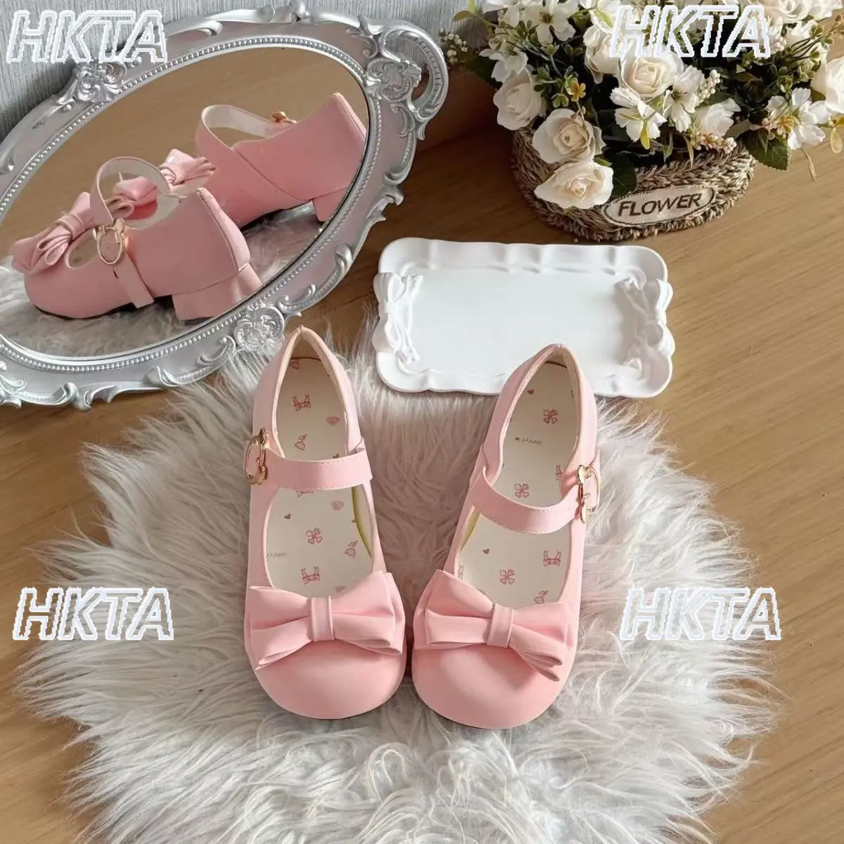 

Japanese Special Shaped Heel Cute Printed Round Head Tower Buckle Lolita Shoes Sweet Kawaii Casual Low Heel Pumps Shoes Women