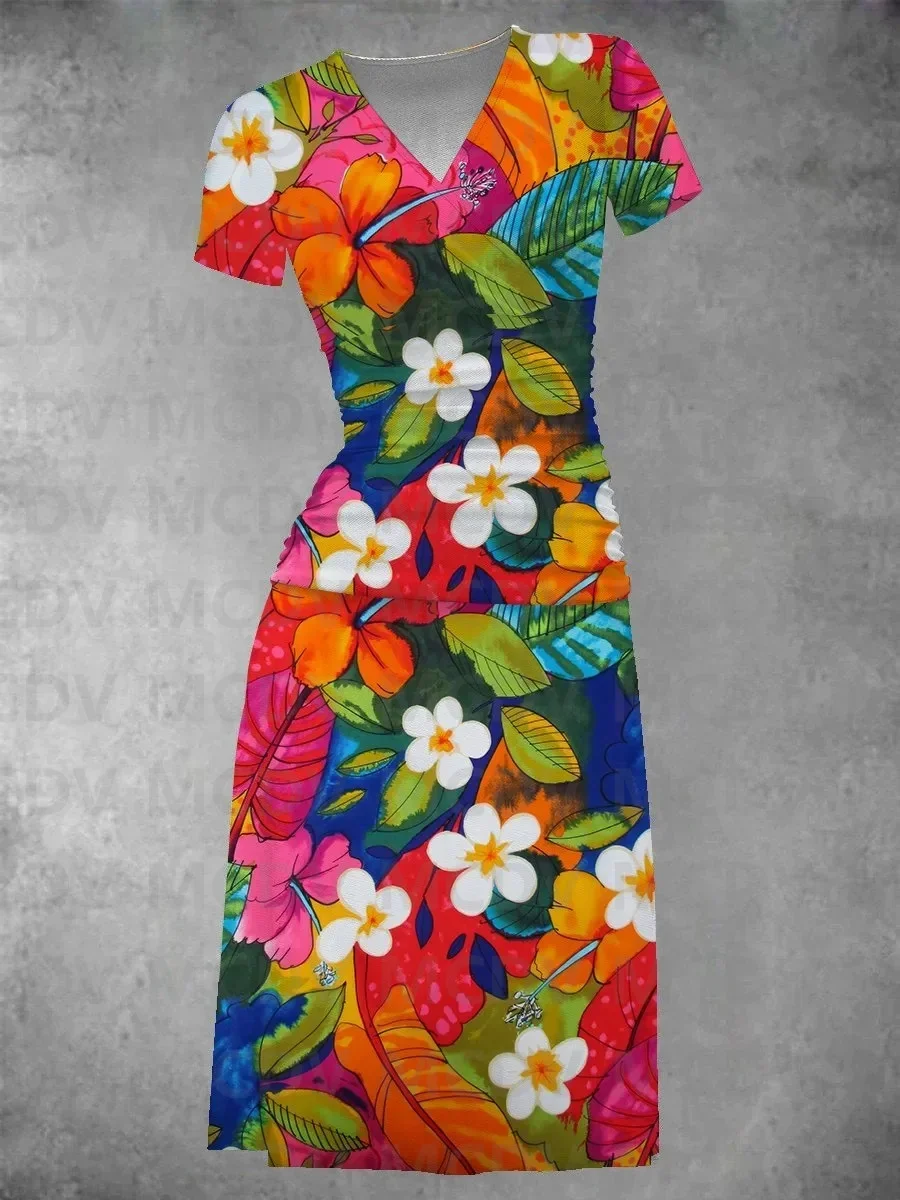 Women's Vintage Hibiscus Hawaiian Print Midi Dress 3D Printed Sexy V-neck Dress Female Dresses