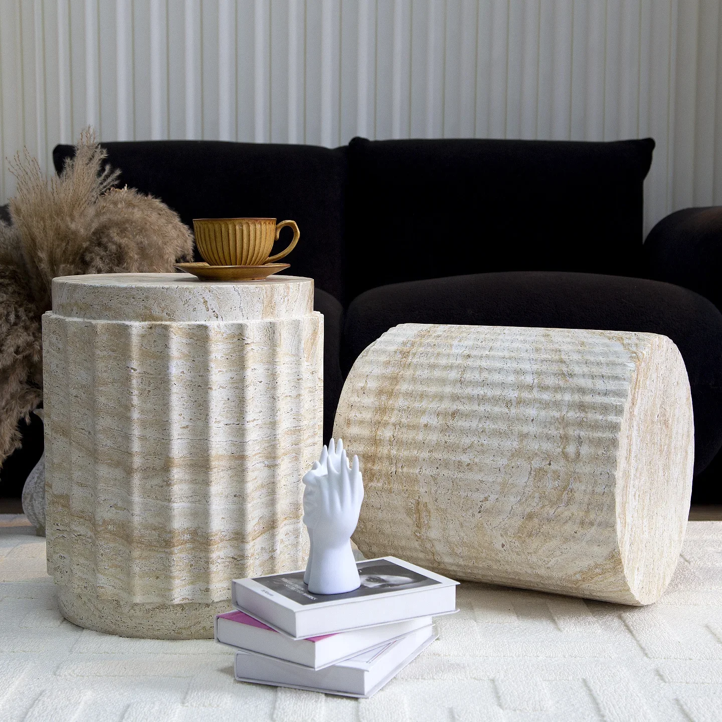 Modern imitation travertine texture Roman column edge few ancient style home round coffee table balcony simple movable corner