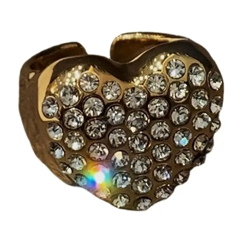 Delicate Heart Enamel Drop Rings Diamonds Elegant Finger Jewelry Stylish Adjustable Rings Present for Women