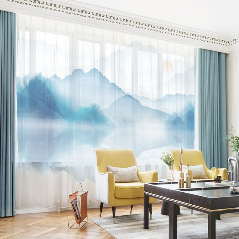 

Custom Chiffon Sheer Curtain Window Drape for Bedroom Living Room Mountain Hills River Boat Sunrise Trees Landscape