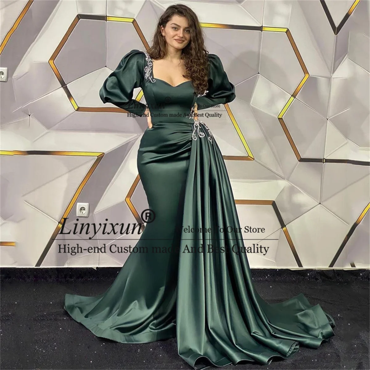 

Sexy Green Mermaid Prom Dresses With Beads Long Sleeve Formal Evening Party Gowns High Split Saudi Arabia Dubai robes de soirée