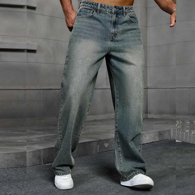 

Men's Stretchy Loose Straight Denim Jeans for Men Cotton Hip Hop Casual Trousers Streetwear Daily Baggy Wide Leg Denim Pants