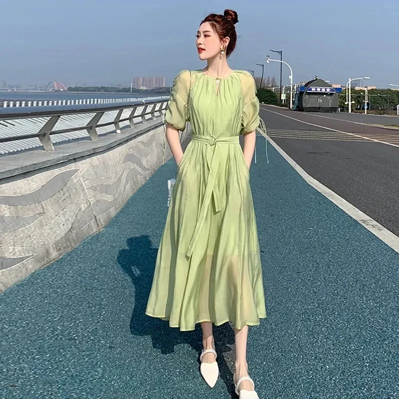 

Fashion Dress for Women Summer French Style Ruffles Dress Slim Midi Dress Vintage O Neck 2024 New Spring Dress