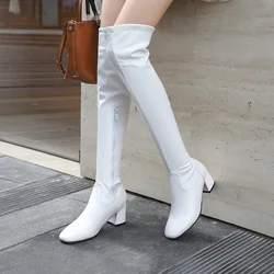 Thick Heels Over The Knee Boots for Women 2025 Autumn Winter Slim PU Leather Thigh High Boots Woman Long Botas Zapatos De Mujer