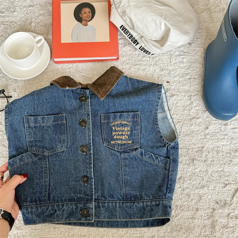 

2025 Autumn New Children Denim Vest Boys Fashion Lapel Sleeveless Jacket Toddler Girls Letter Cardigan Coat Kids Clothes