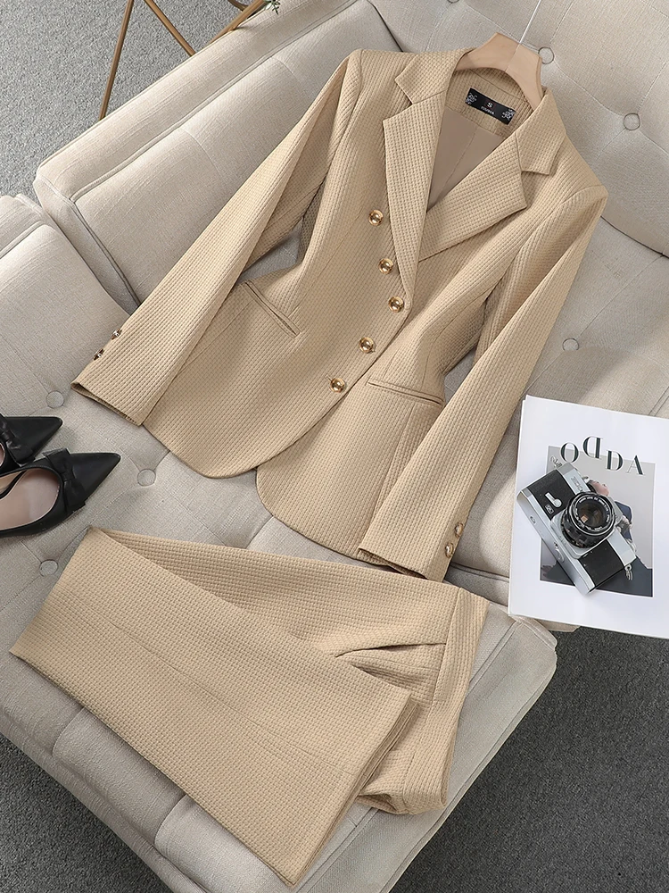 

Fashion Ladies Pant Suit Women Khaki Black Coffee Plaid Female Business Work Wear Jacket Blazer and Trouser Formal 2 Piece Set