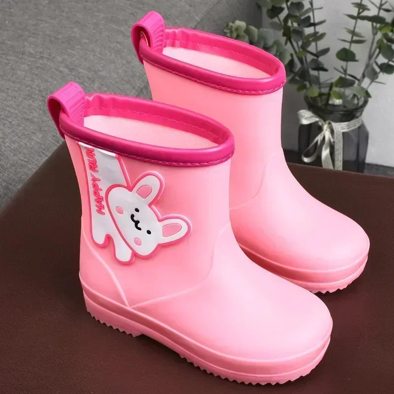 New Kids Rain Boots Cartoon Non-slip Waterproof Rain Shoes Mid-calf Removable Cotton Core Warm Children Students Rain Water Shoe