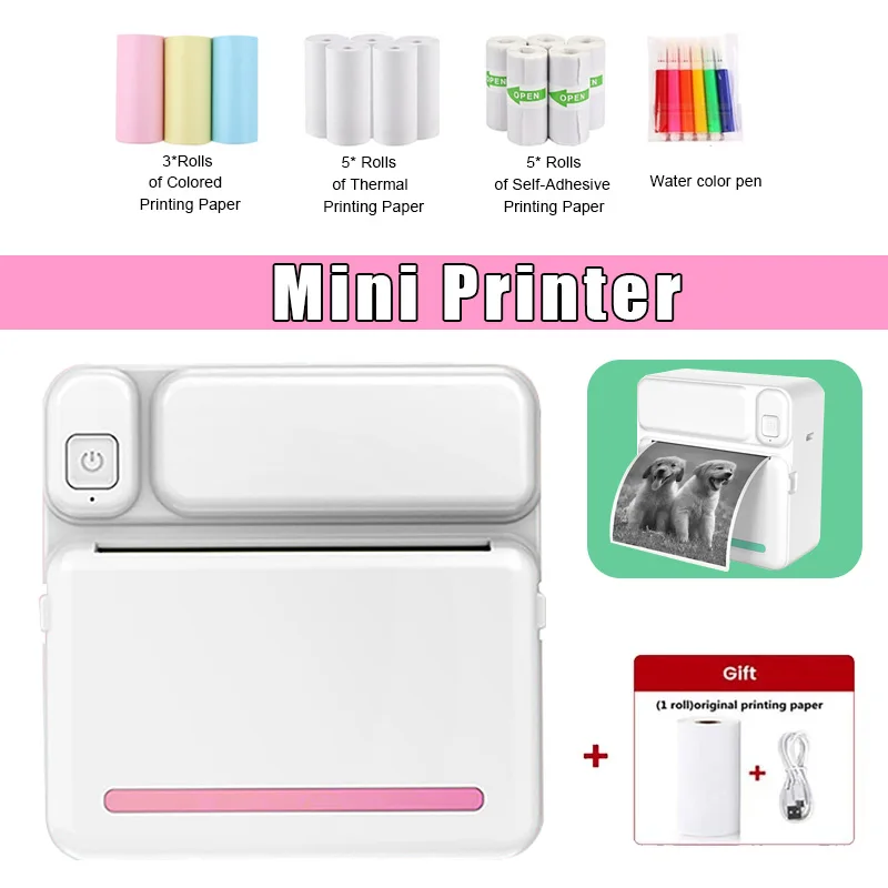 Mini Printer Thermal Portable Inkless Pocket Printer Bluetooth Connection for Notes Photos Label Memo Wrong Question Print