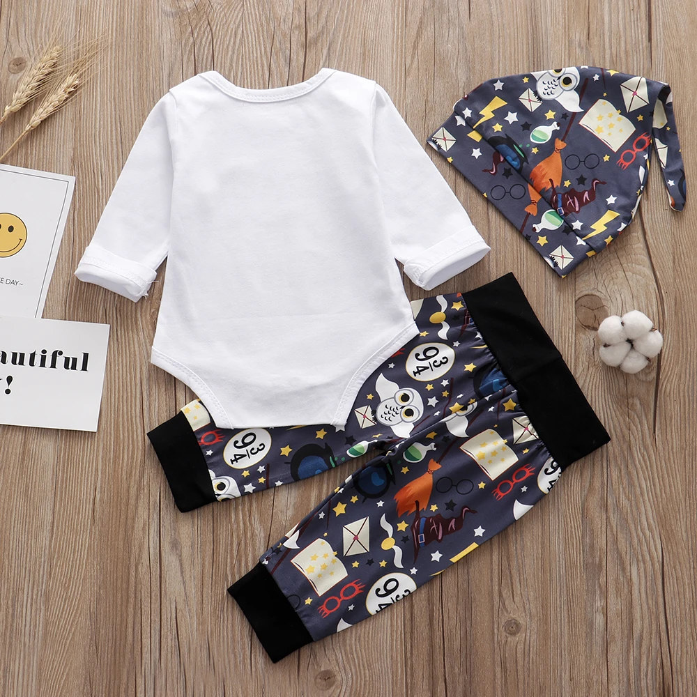 3PCS Newborn Baby Clothes Set 2024 Halloween Little Wizard Letter Printed Romper+Pants+Hat