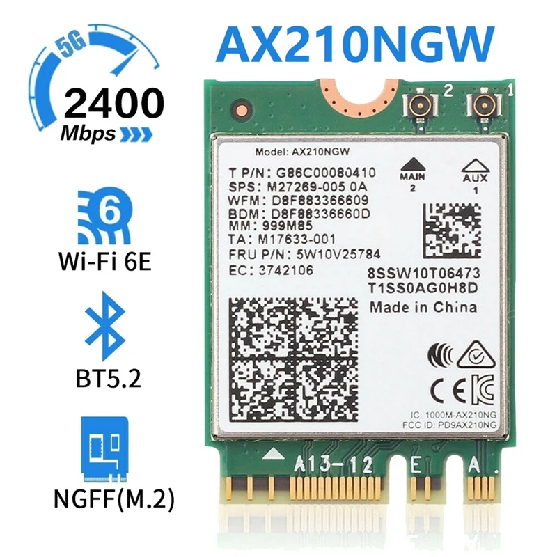 การ์ดเครือข่าย AX210NGW AX210 M.2การ์ด WIFI NGFF 2.4 ghz/ 5G 6E Wi-Fi 2400Mbps 802.11Ax บลูทูธ5.2อะแดปเตอร์ WIFI