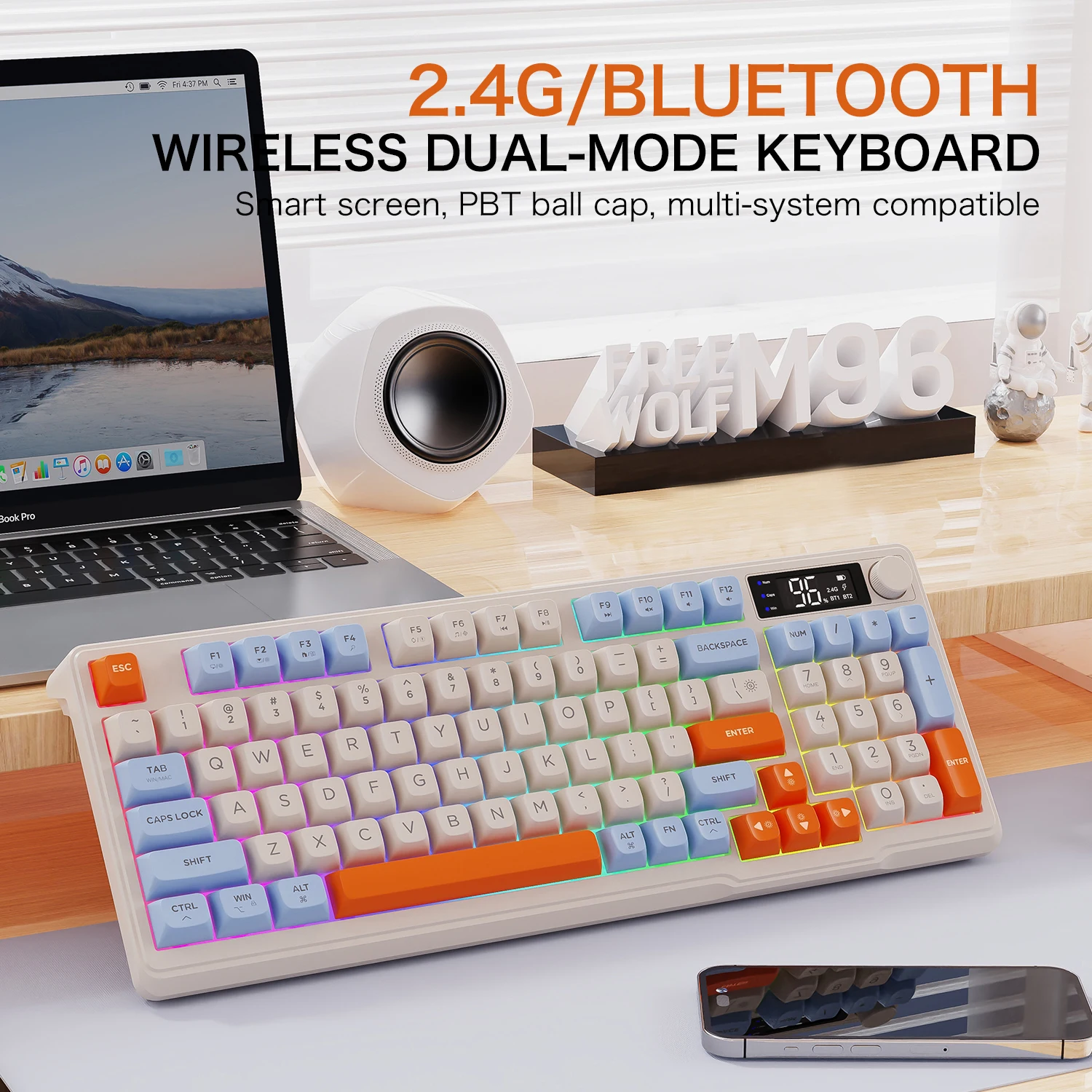 M96 2.4GHz Wireless Bluetooth Dual Mode Membrane Gaming Keyboard with Display Screen and Knob Control Button for Home Office