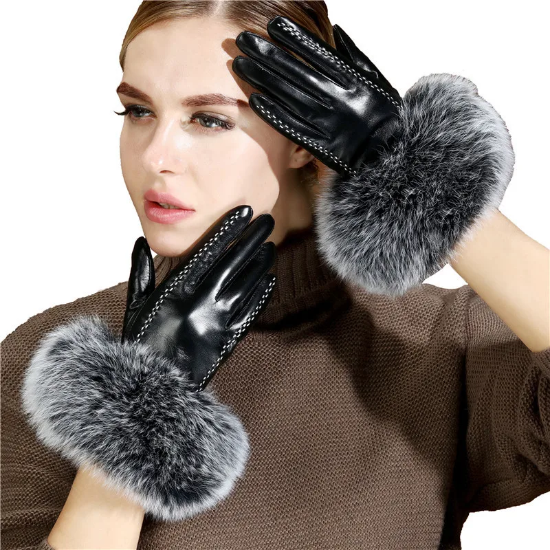 Women's autumn and winter thicken fleece lining glove lady's natural sheepskin leather glove genuine fox fur driving glove R293