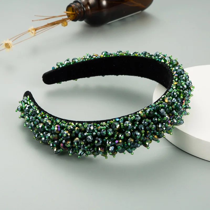 Luxury Baroque Green Rhinestone Headband Hair Accessories Women Hand-sewn Glass Rhinestone Flower Broad-brimmed Hair Hoop