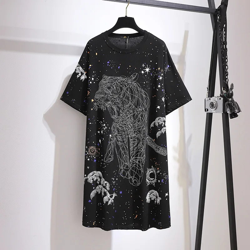 

X2010 T-shirt Dress For Women Summer Loose Large Size 6XL Long Top Star Tiger Print Short Sleeve Casual Cotton Dress