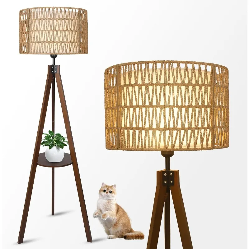 Boho-Lampadaire trépied avec étagères, lampe sur pied en bois du milieu du siècle avec abat-jour en rotin et tissu, interrupteur au pied marche/arrêt