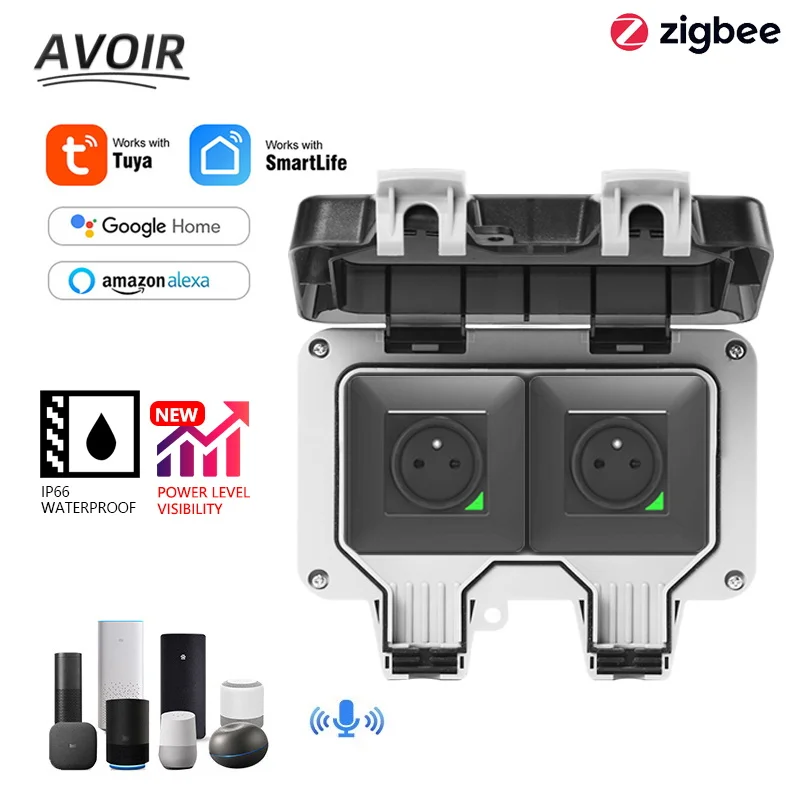 Avoir IP66 Waterproof Socket Tuya Zigbee Smart Wifi Power Outlets With Switch Black Standard FR Plug Work With Alexa Google Home