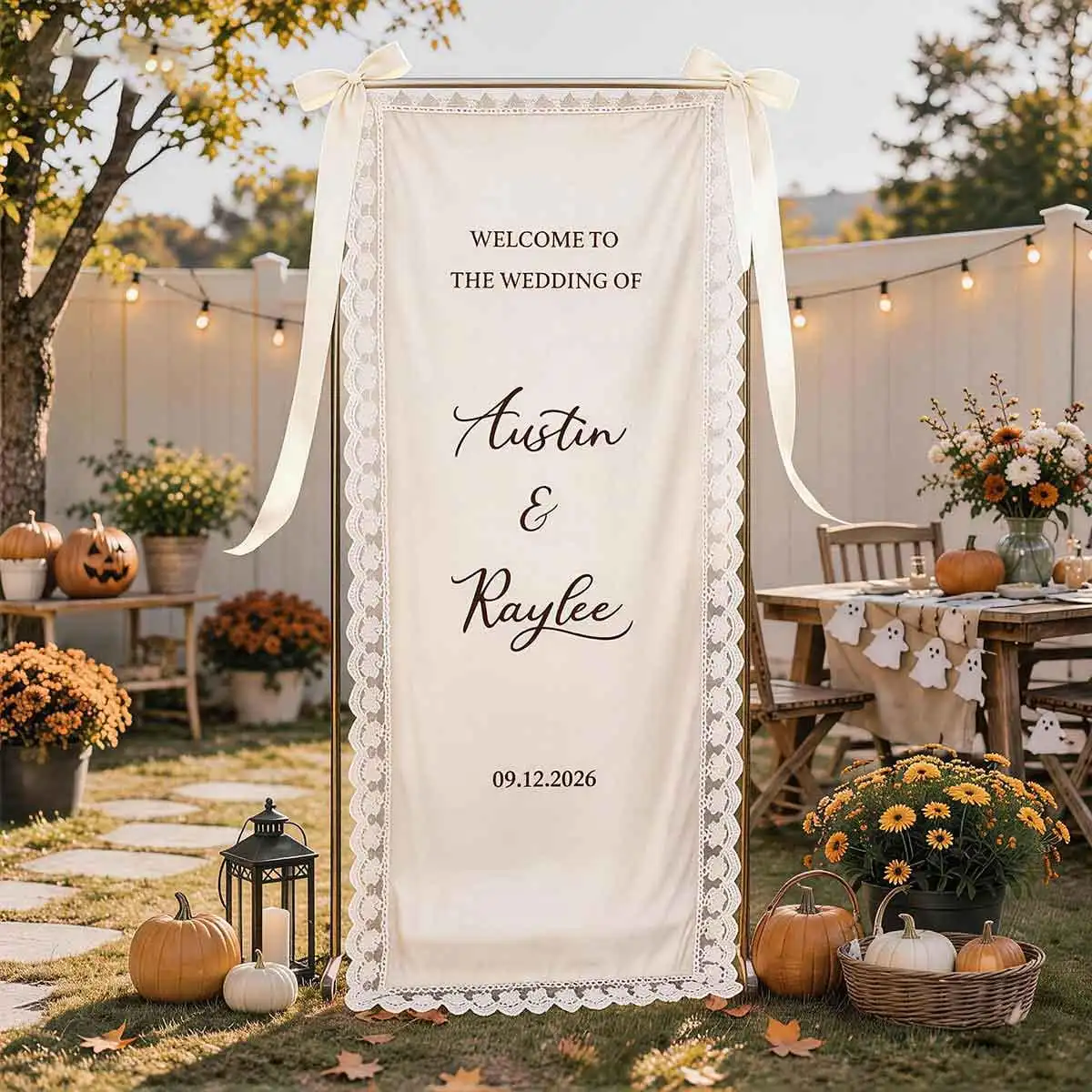 Custom Lace Polyester Wedding Welcome Sign White Modern Fabric Personalized Bridal Shower Backdrop Boho Ceremony Banner
