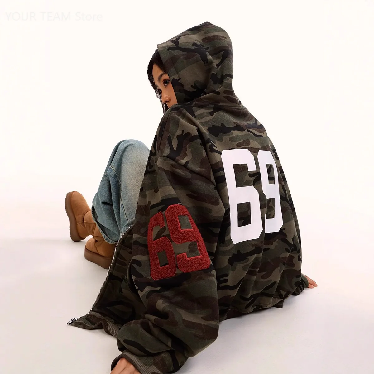 

Autumn Winter American Retro Fleece Lined Camouflage Zip Up Hoodie Unisex Loose Casual Coat Warm Thickened Outerwear Daily Wear