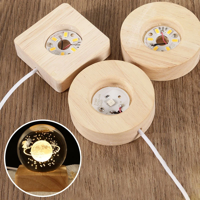 Base de exhibición de luz LED de madera redonda/cuadrada, adorno artístico de cristal, Base de lámpara de noche de madera, soporte de luz LED