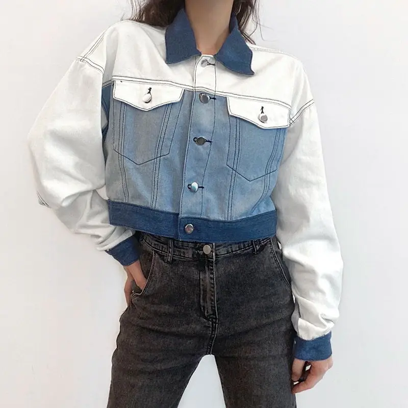 

Denim Jacket With High Quality Contrasting Color Stitching American Retro Women'S Short Loose Slim Casual Top