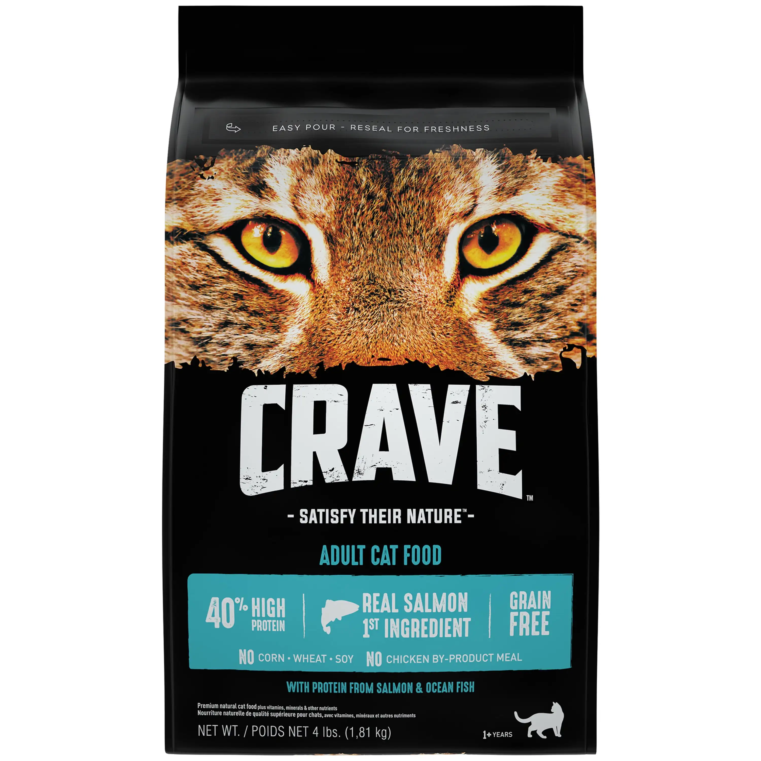 Crave sin cereales con proteínas de salmón y pescado oceánico, comida seca para gatos adultos, bolsa de 4 libras