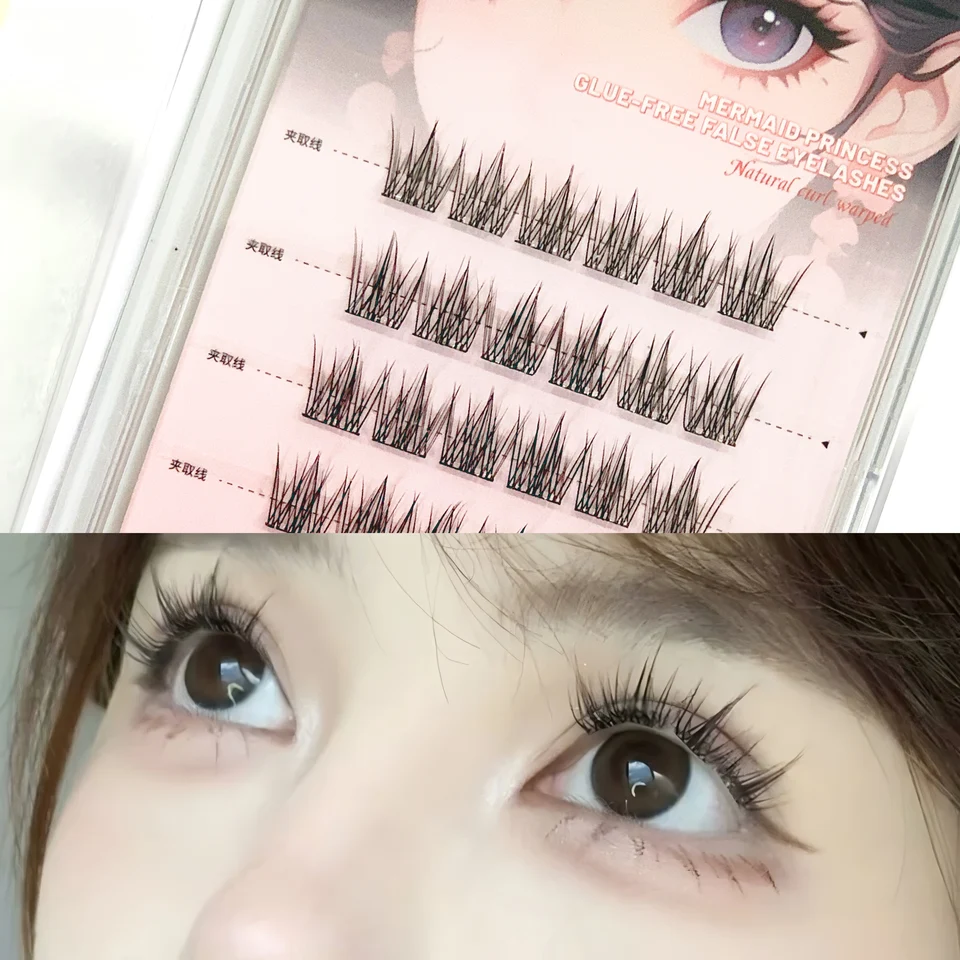 BQI pestañas postizas sin pegamento, cola de pescado, princesa perezosa, tallo transparente natural, reutilizables, 48 racimos, gran capacidad 4