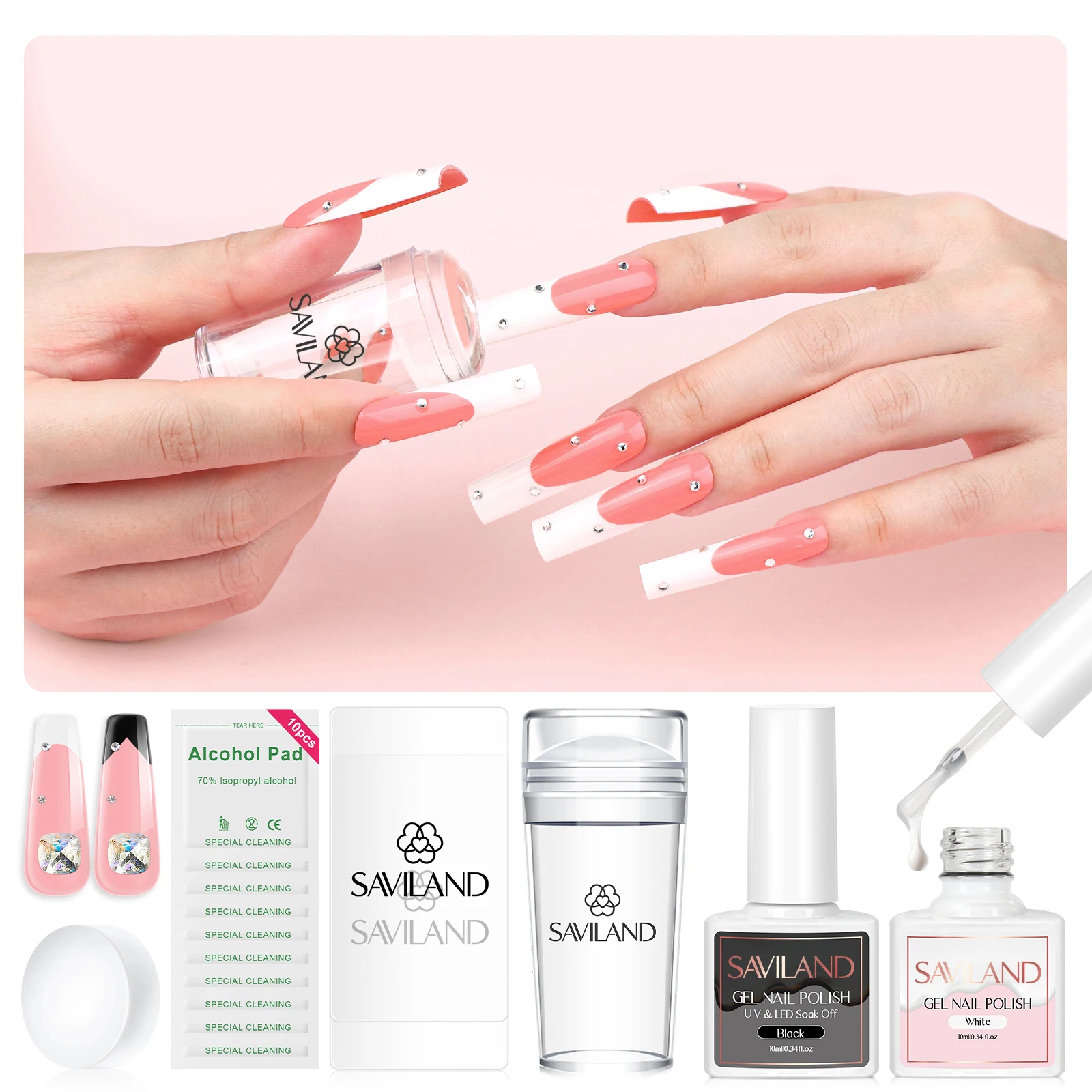 Saviland French Tip Nail Stamp with French Gel Nail Polish Set Jelly Silicone Nail Stamper and Scraper Nail Art Stamper Kit