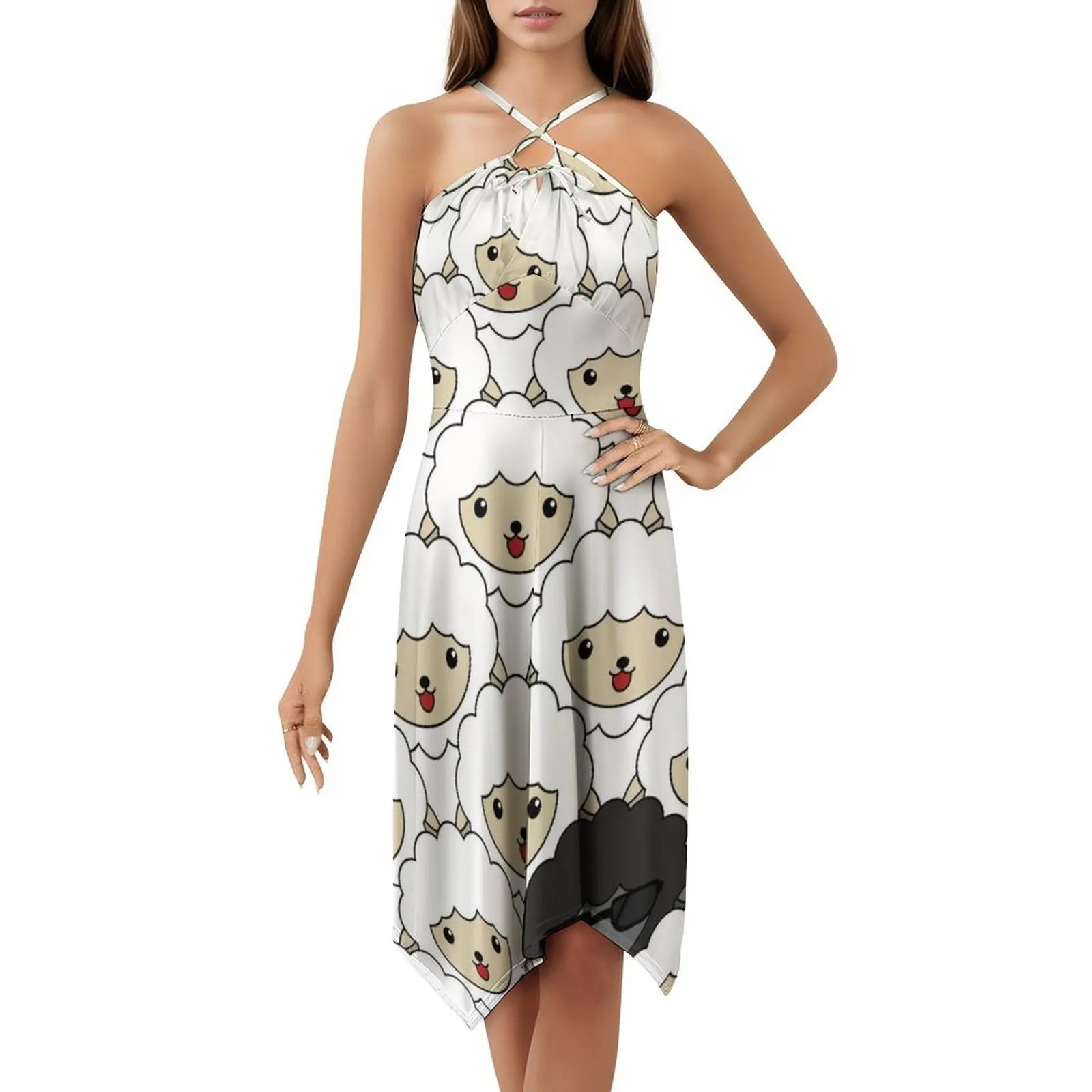 فستان كاجوال بنمط الأغنام الأسود على الطراز الكوري للنساء فساتين بسيطة يومية للمكتب للسيدات نمط الأغنام السوداء منبوذ #5