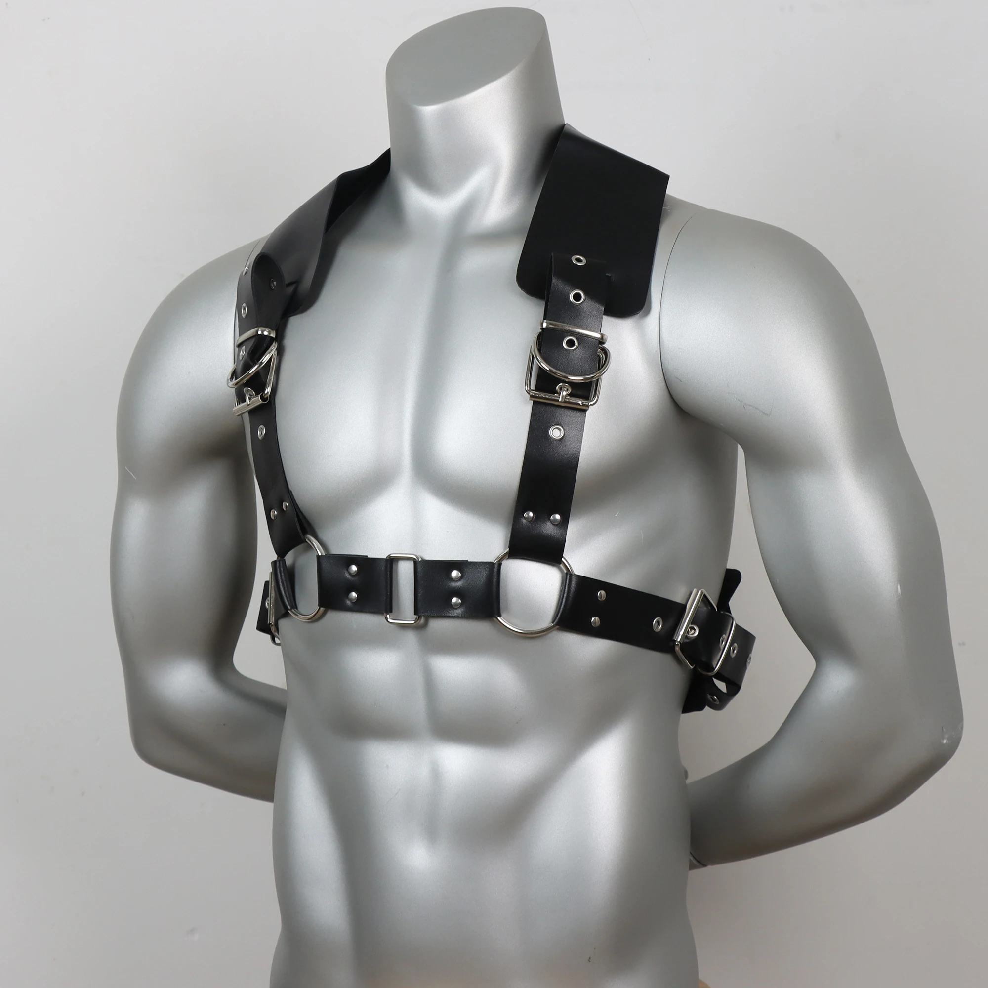 Men\'s Sexy Faux Leather Suspender Back Body Bondage Fashion Design Metal Rivet Harness Club Gothic Matching Top