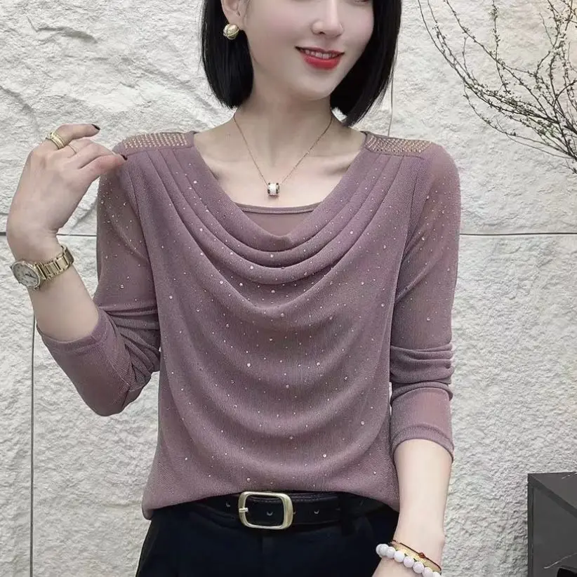 

Fashionable Solid Color 2025 Spring Top New Mesh Temperament Slim Long-sleeved T-shirt