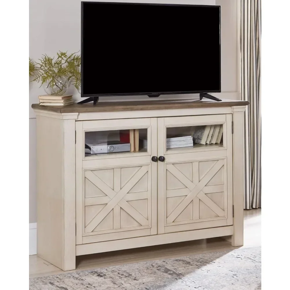 

-Farmhouse TV Stand Fits TVs up to 48", 2 Cabinet Doors and Adjustable Storage Shelves, Whitewash & Light Brown