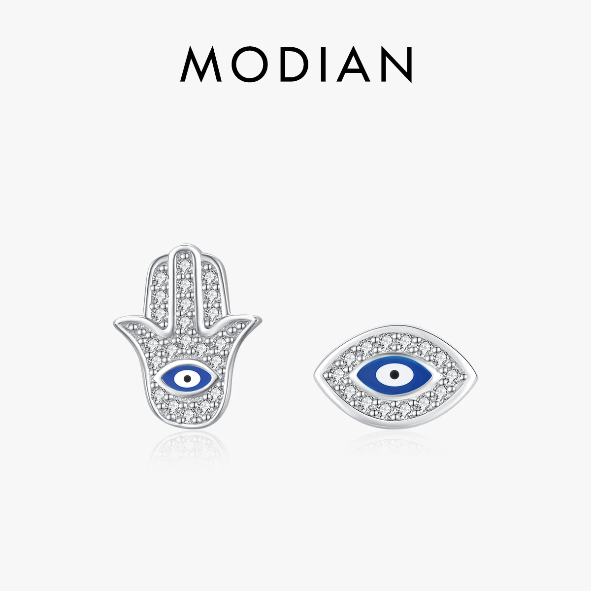 MODIAN 925 Sterling Silver Luxury Hand of Fatima Earrings CZ Blue Eye Enamel Palm Stud Earrings For Women Girls Fine Jewelry